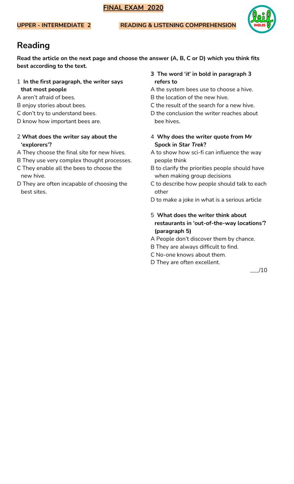 Upper 2- Listening and reading Final exam