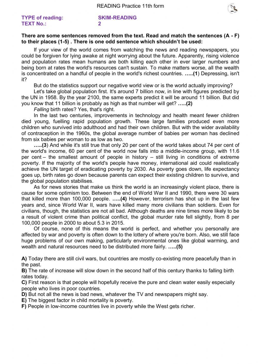 Reading part 2 text 2 worksheet | Live Worksheets