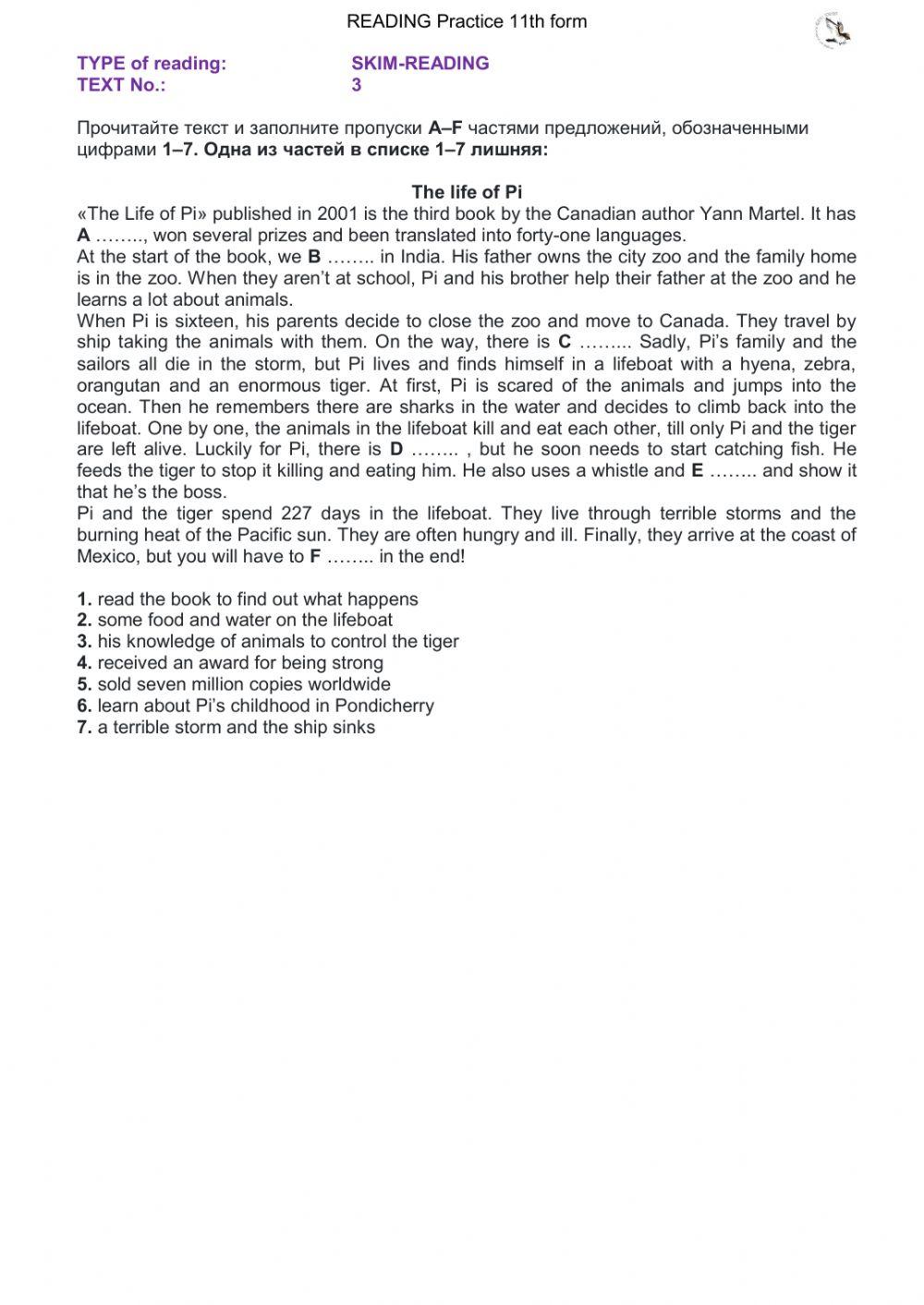 Reading part 2 text 3 worksheet | Live Worksheets
