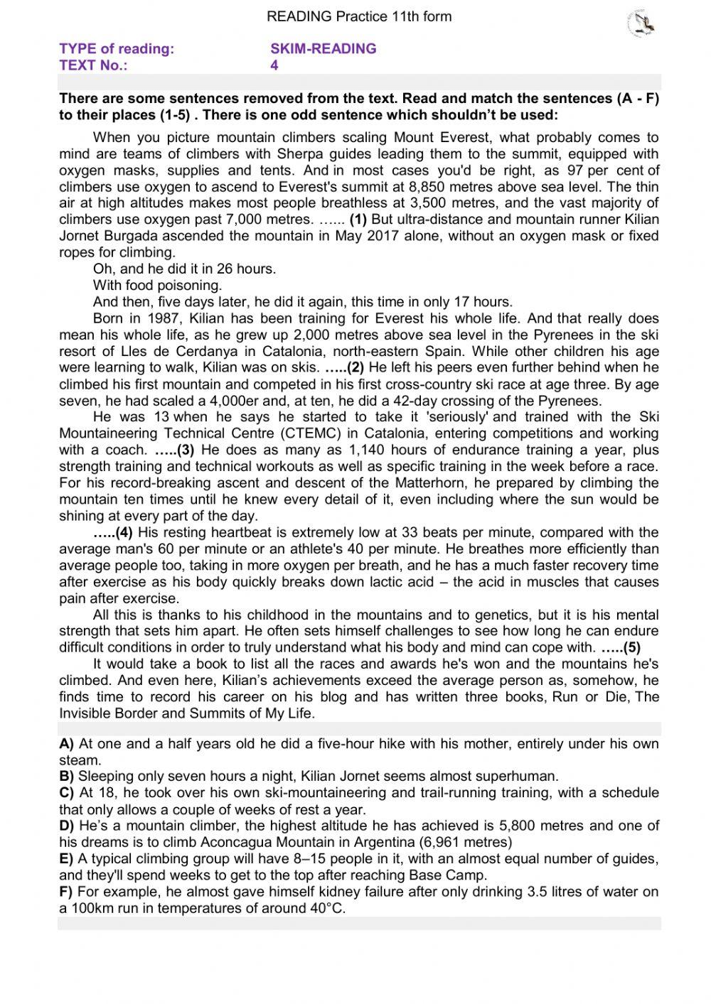 Reading part 2 text 4 worksheet | Live Worksheets