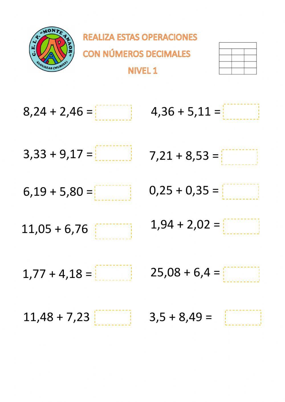 Suma de números decimales nivel 1