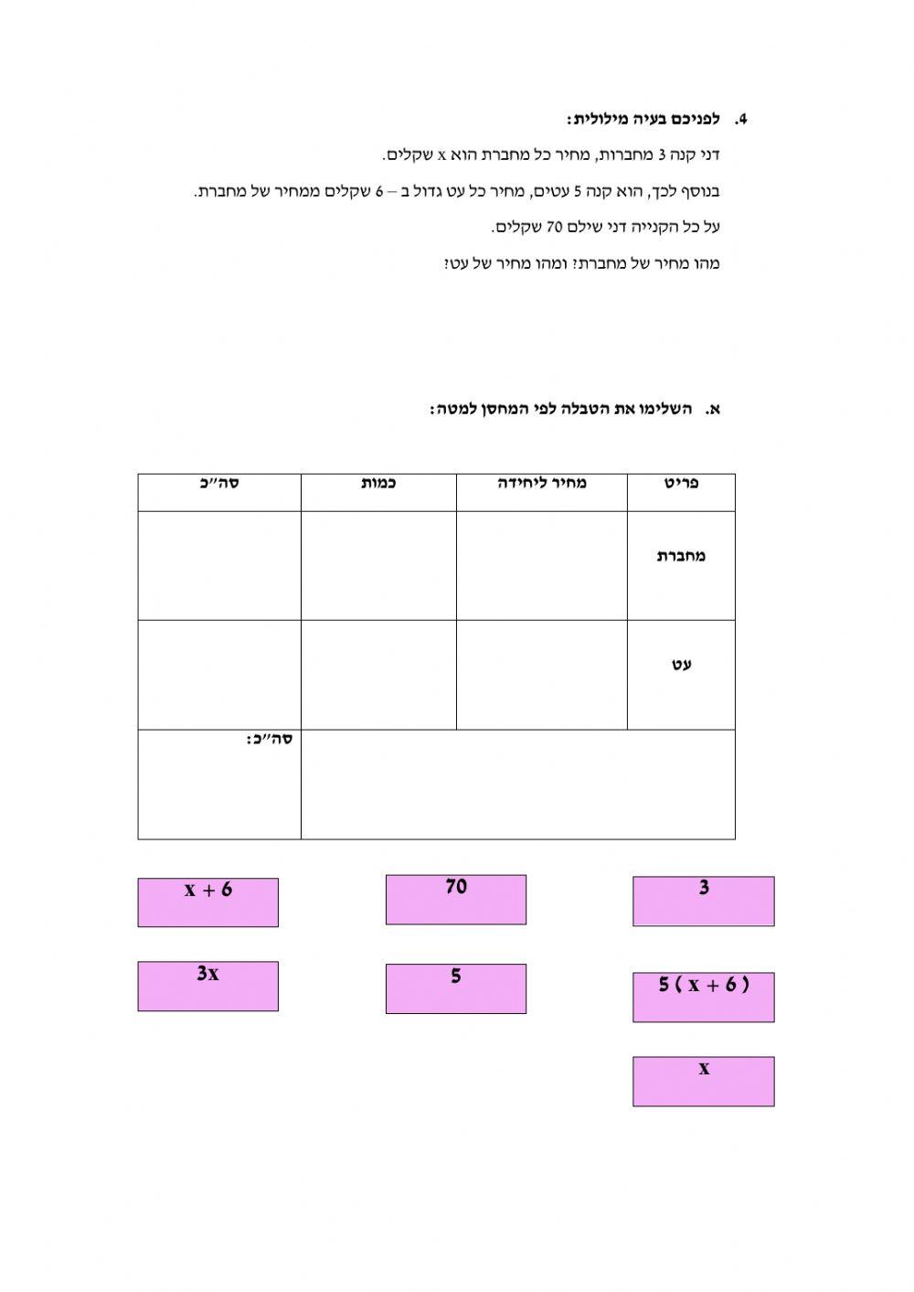 דף עבודה בעיות מילוליות