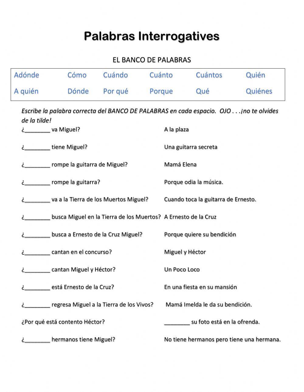 COCO: Palabras Interrogativas worksheet Live Worksheets
