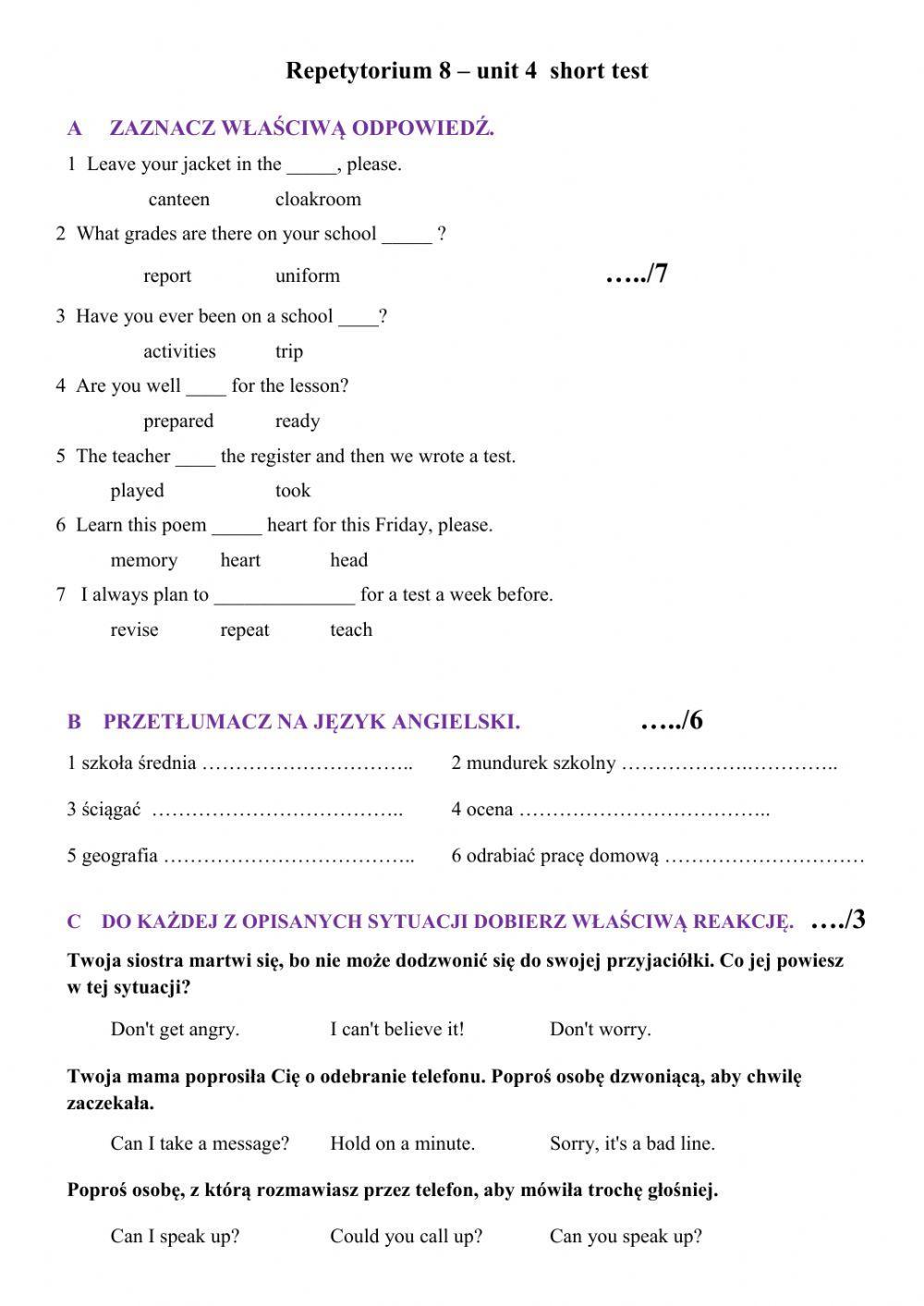 Repetytorium 8 - short test unit 4 Repetytorium 8 - short test unit 4
