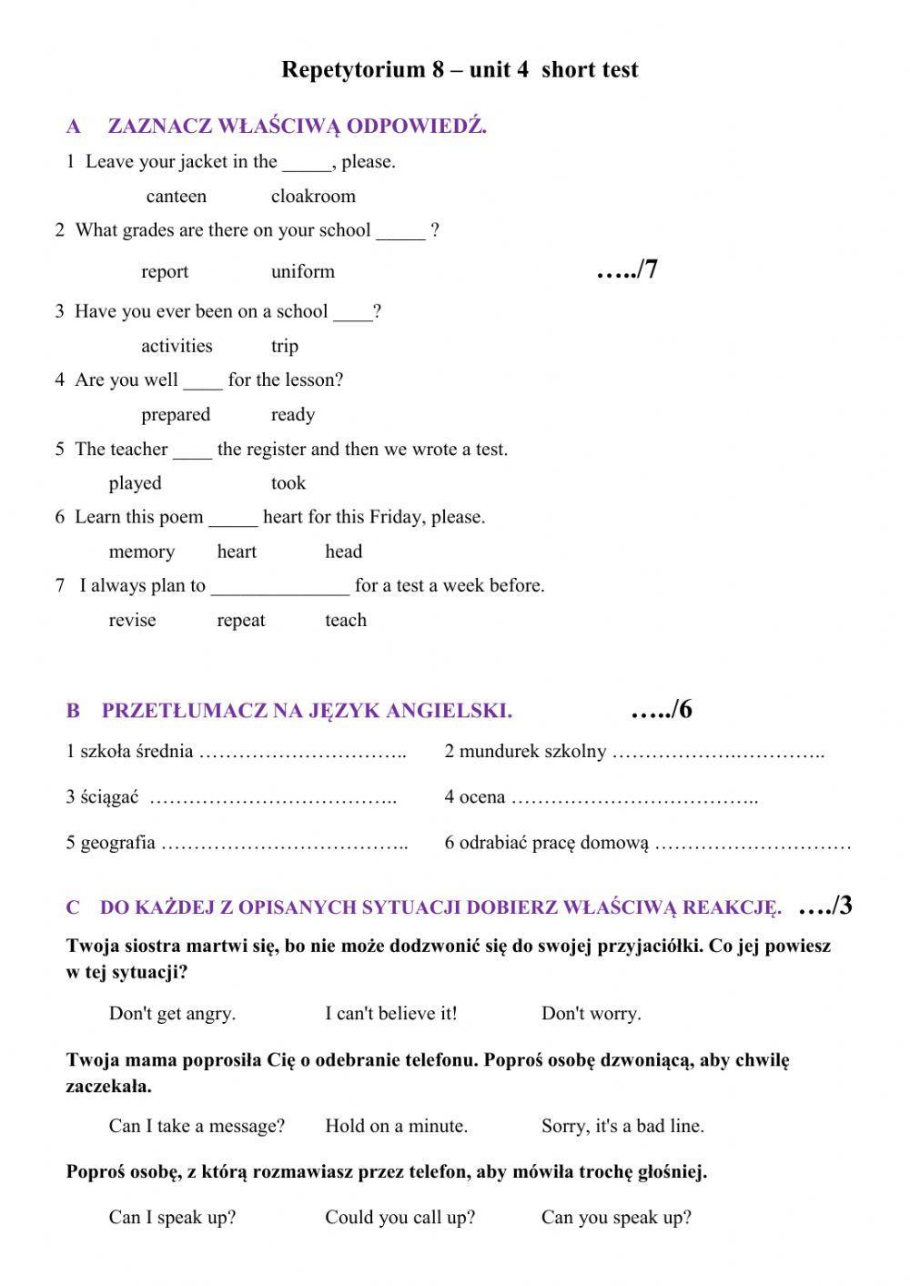 Repetytorium 8 - short test unit 4