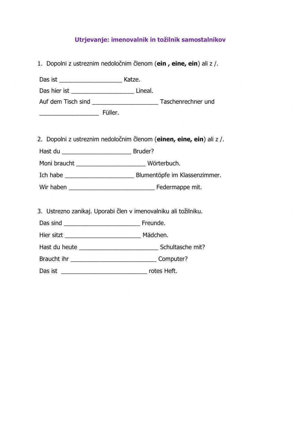 Nedoločni člen s samostalniki v imenovalniku in tožilniku