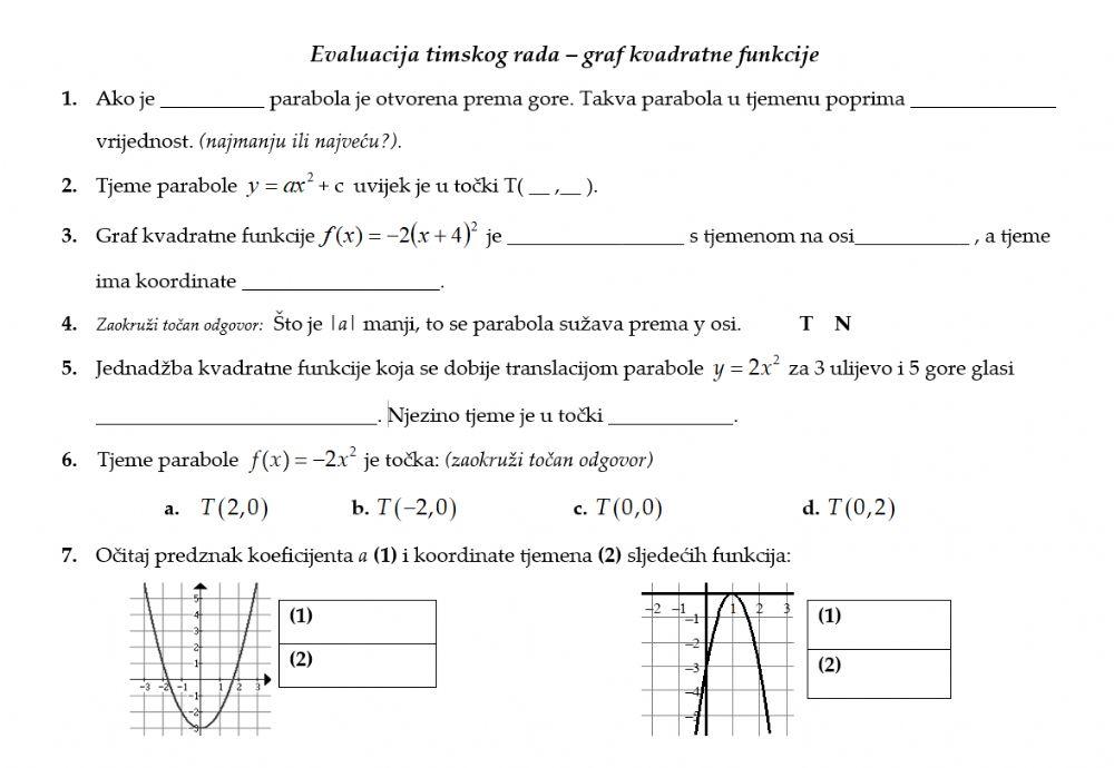 Kvadratna funkcija (evaluacija rada)