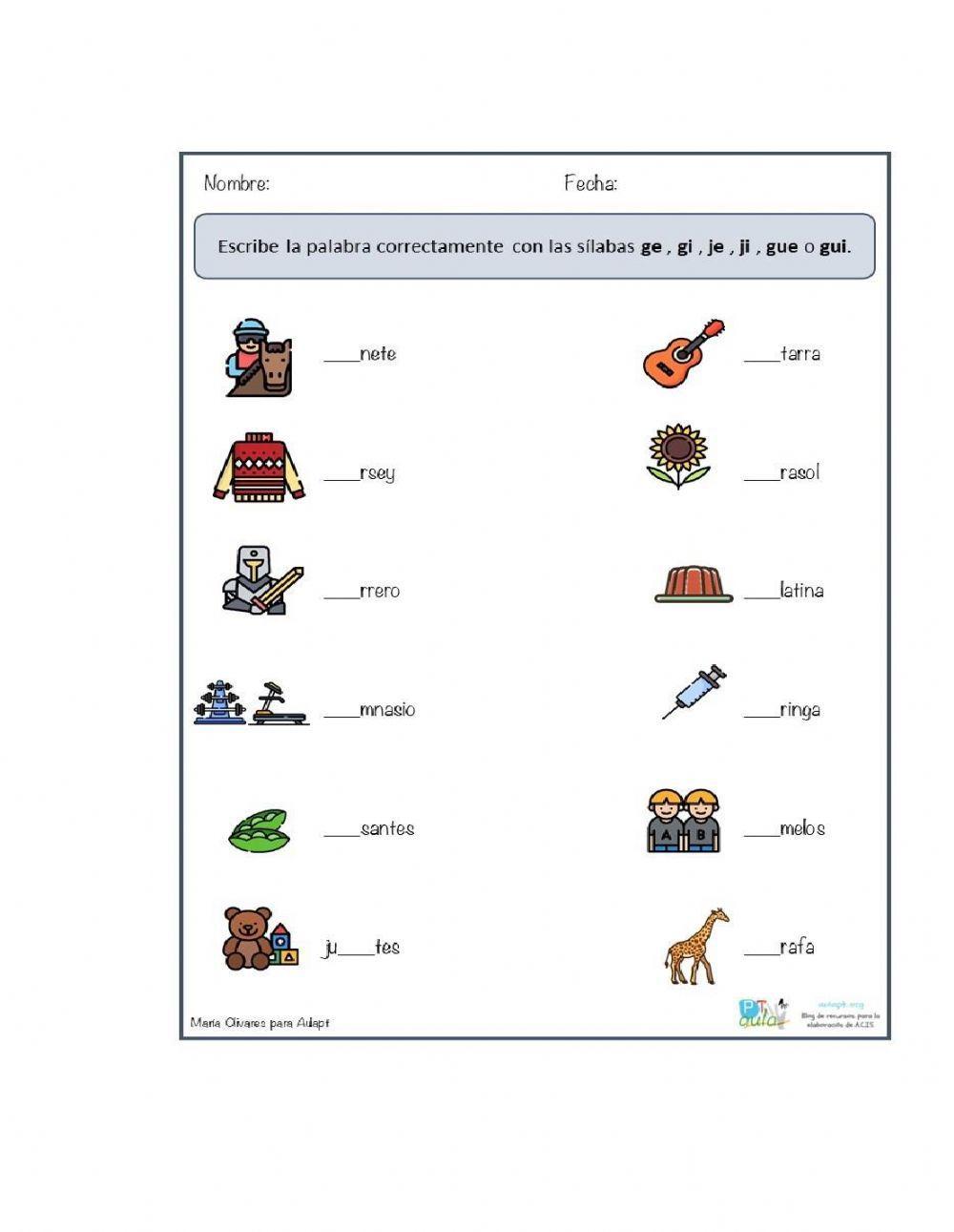 Ejercicios con ge,gi, gue,gui, güe,güi...wa,we,wi,wo,wu