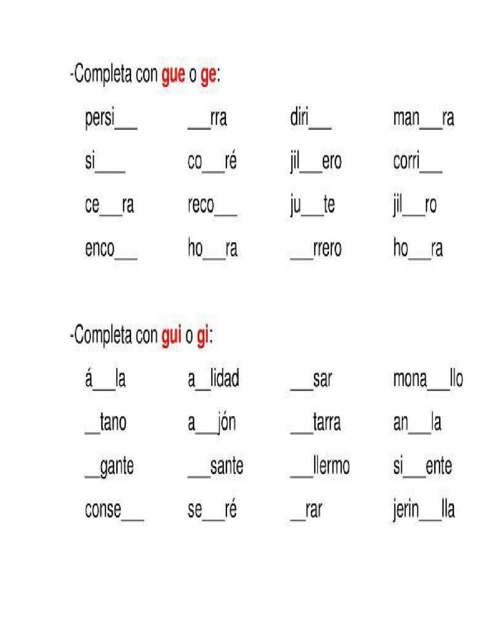 Ejercicios con ge,gi, gue,gui, güe,güi...wa,we,wi,wo,wu