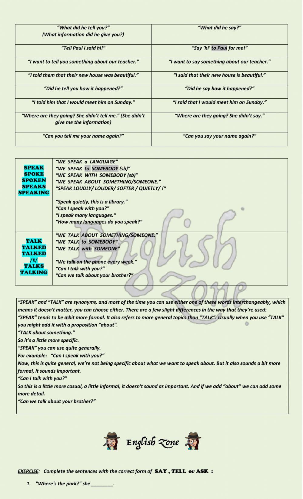 VERB PATTERNS : SAY , TELL , SPEAK, ASK, TALK GrammarRocks
