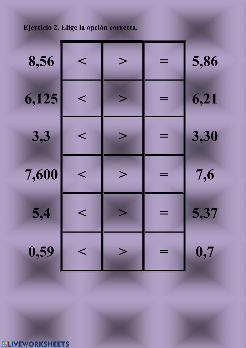 Comparación de números decimales