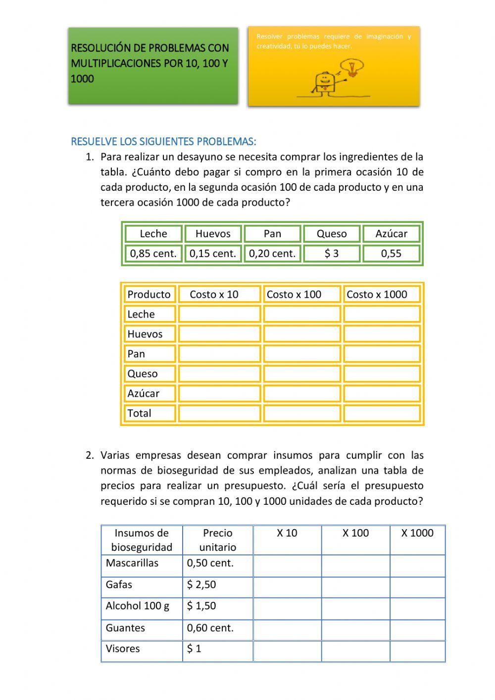 Resolver problemas con multiplicaciones por 10,100 y 1000