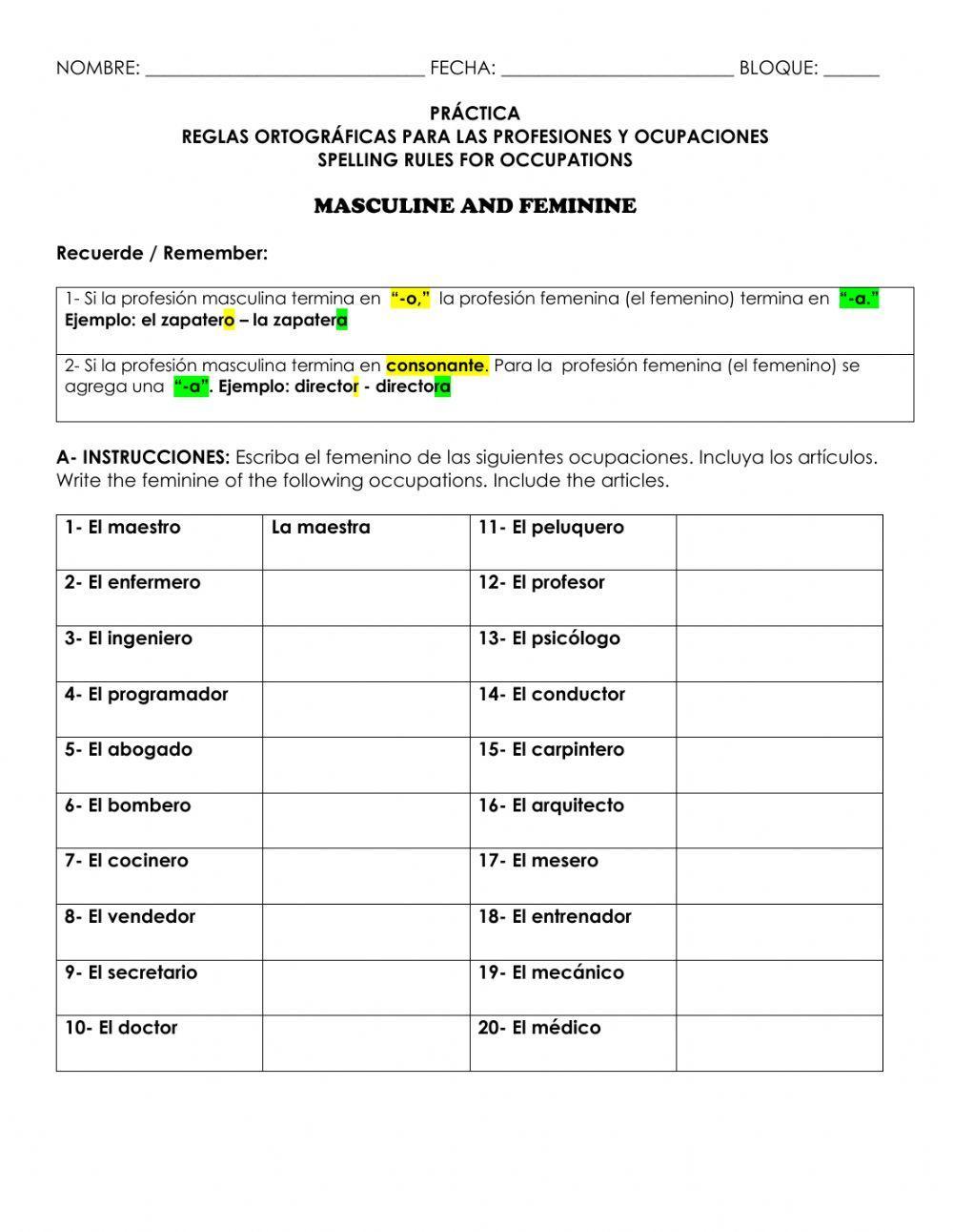 REGLAS ORTOGRÁFICAS PARA LAS PROFESIONES Y OCUPACIONES SPELLING RULES FOR OCCUPATIONS
