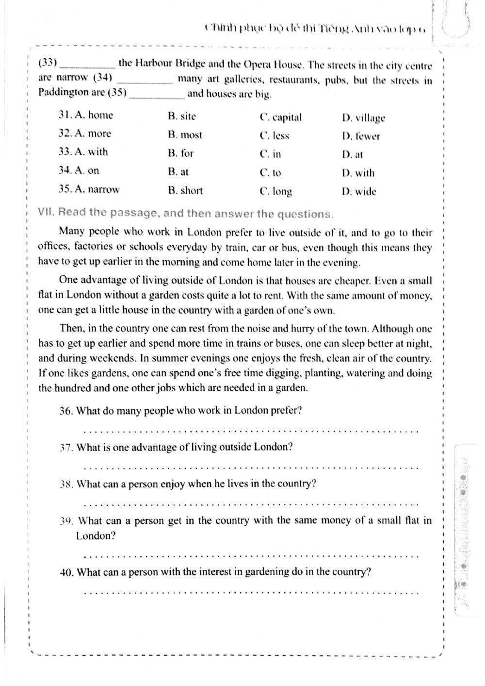 Bộ đề thi TA vào 6 - Đề số 7