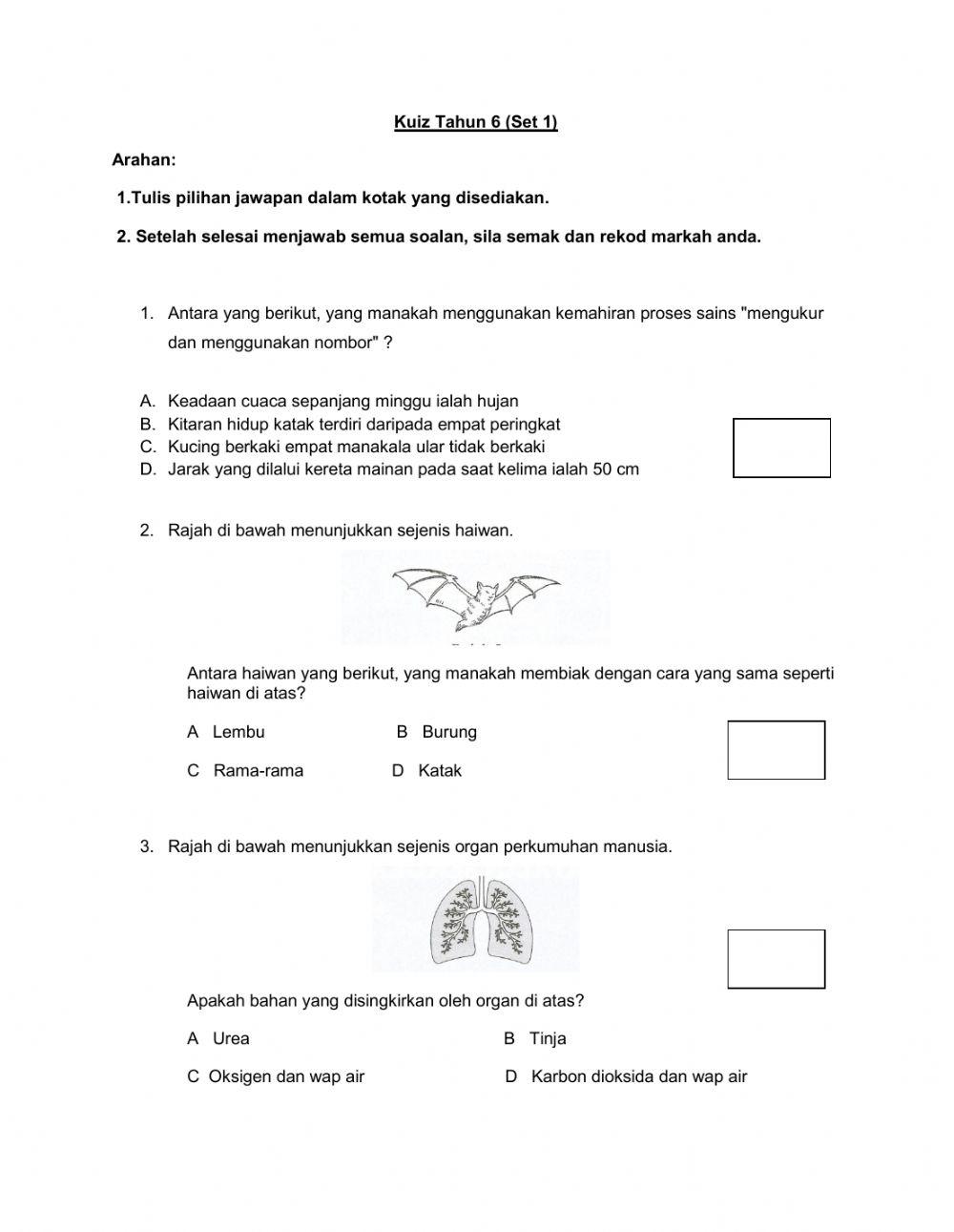 Kuiz Sains Tahun 6 (Set 1)