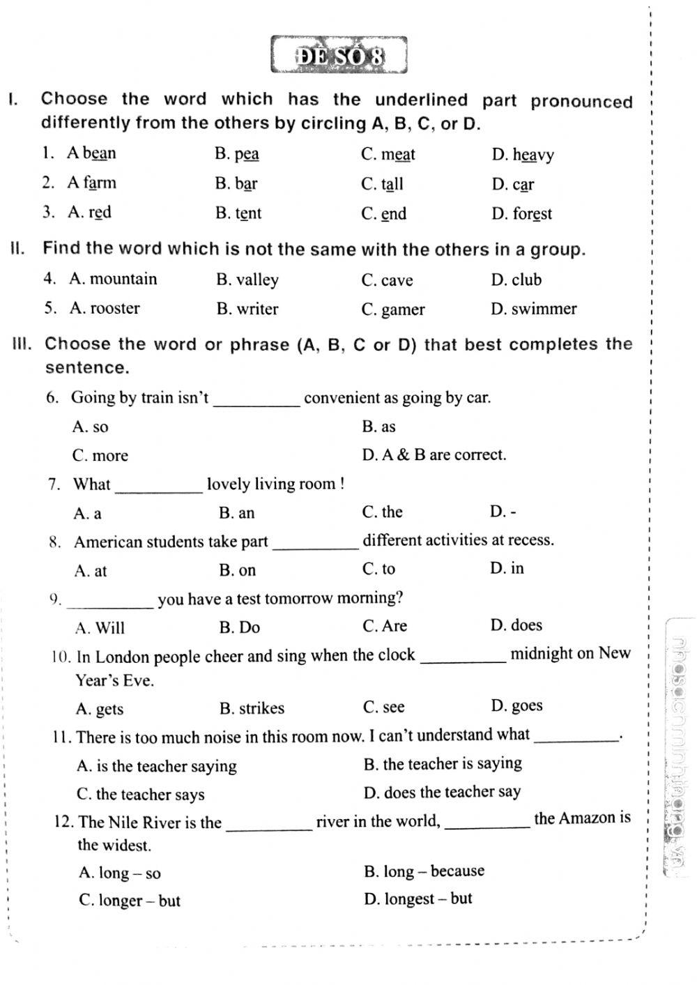 Bộ đề thi TA vào 6 - Đề số 8