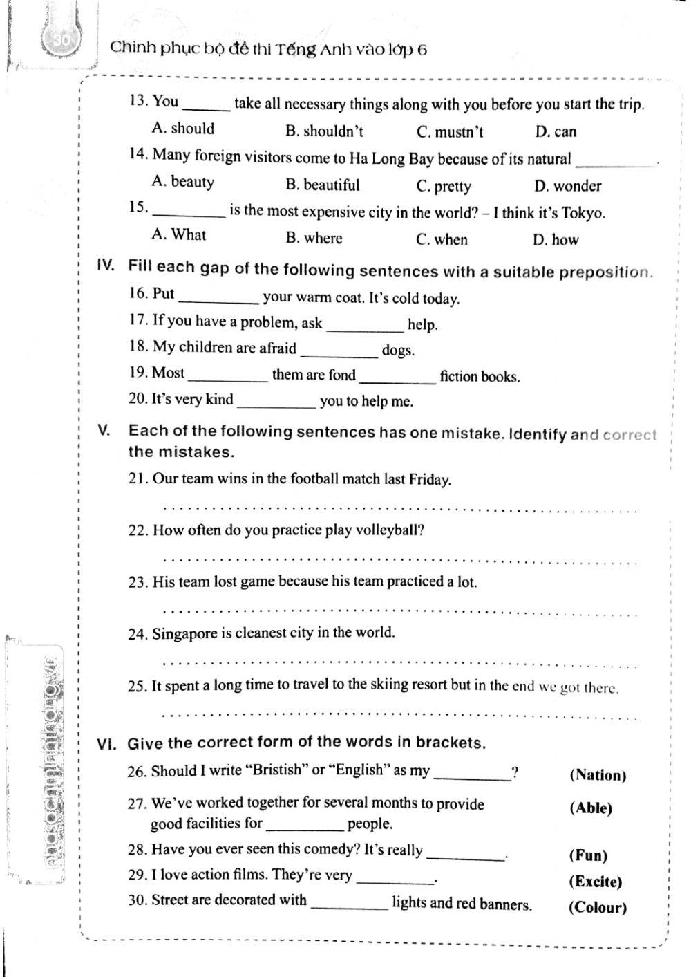 Bộ đề thi TA vào 6 - Đề số 8