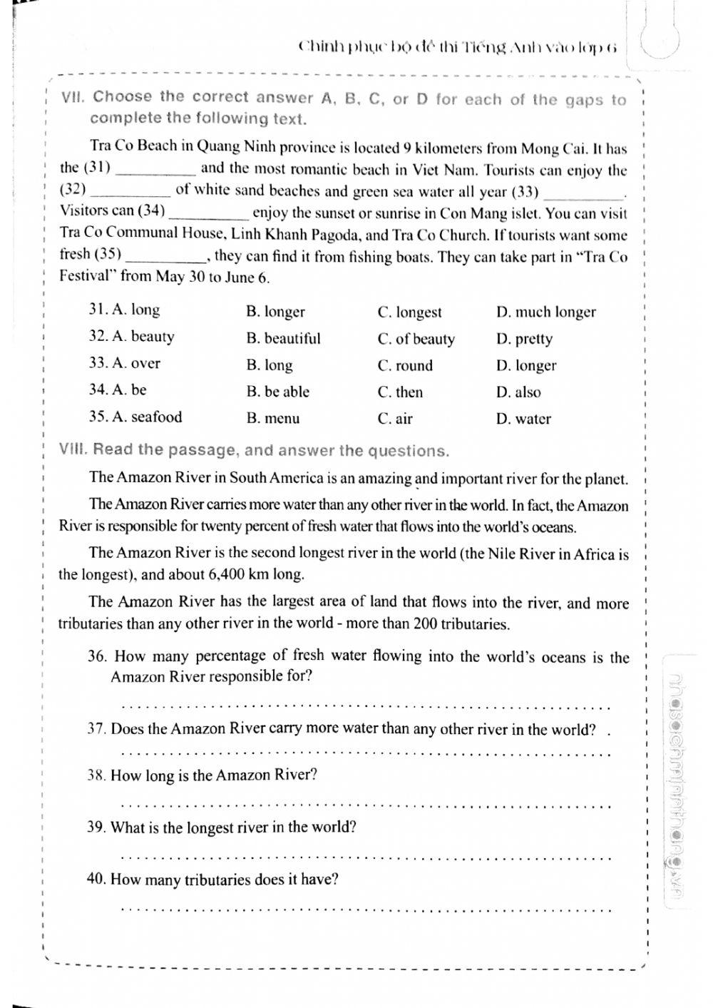 Bộ đề thi TA vào 6 - Đề số 8