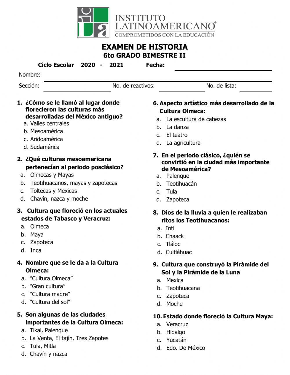 Evaluación Bloque II de Historia