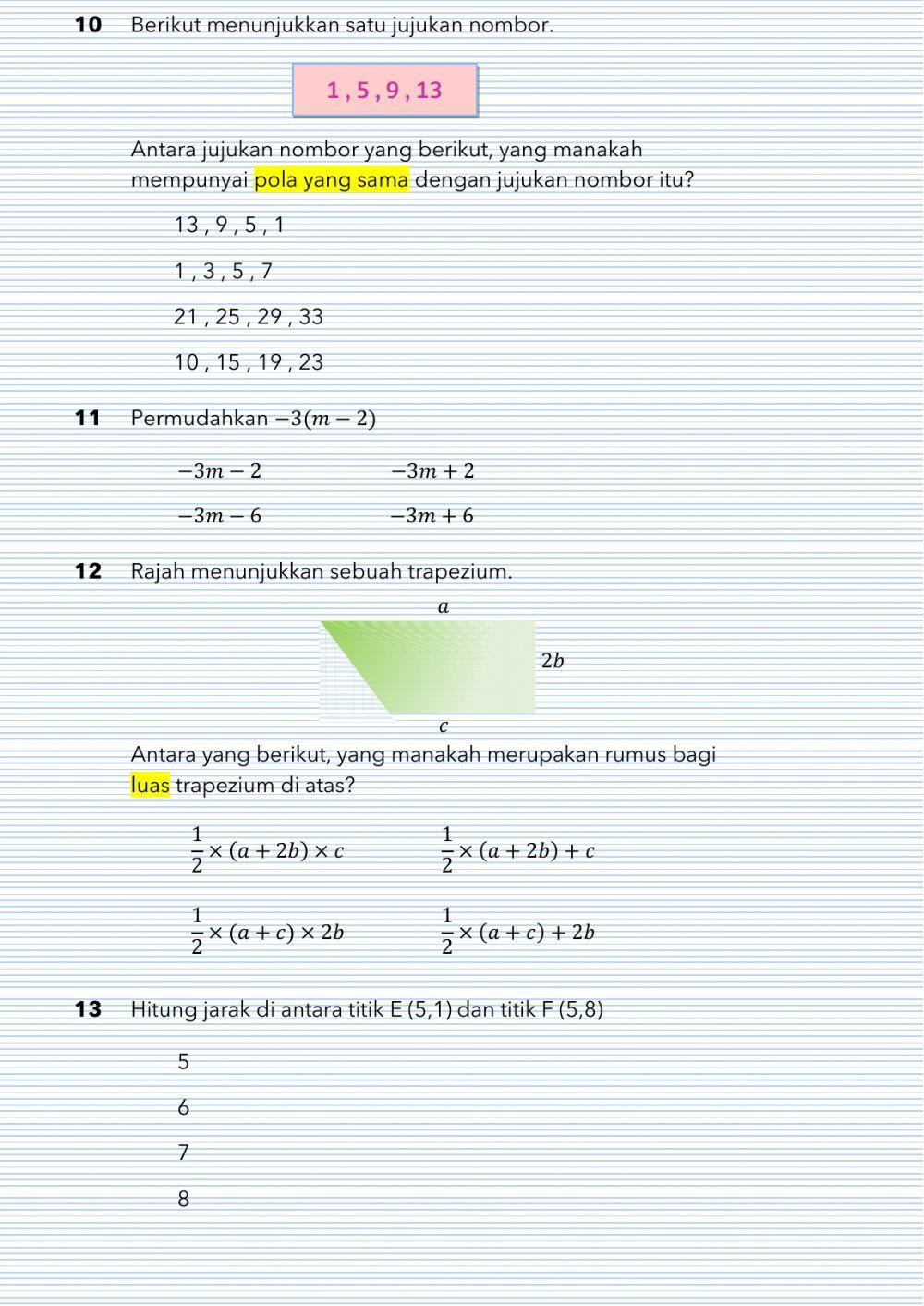 Latih tubi matematik pt3 bahagian a