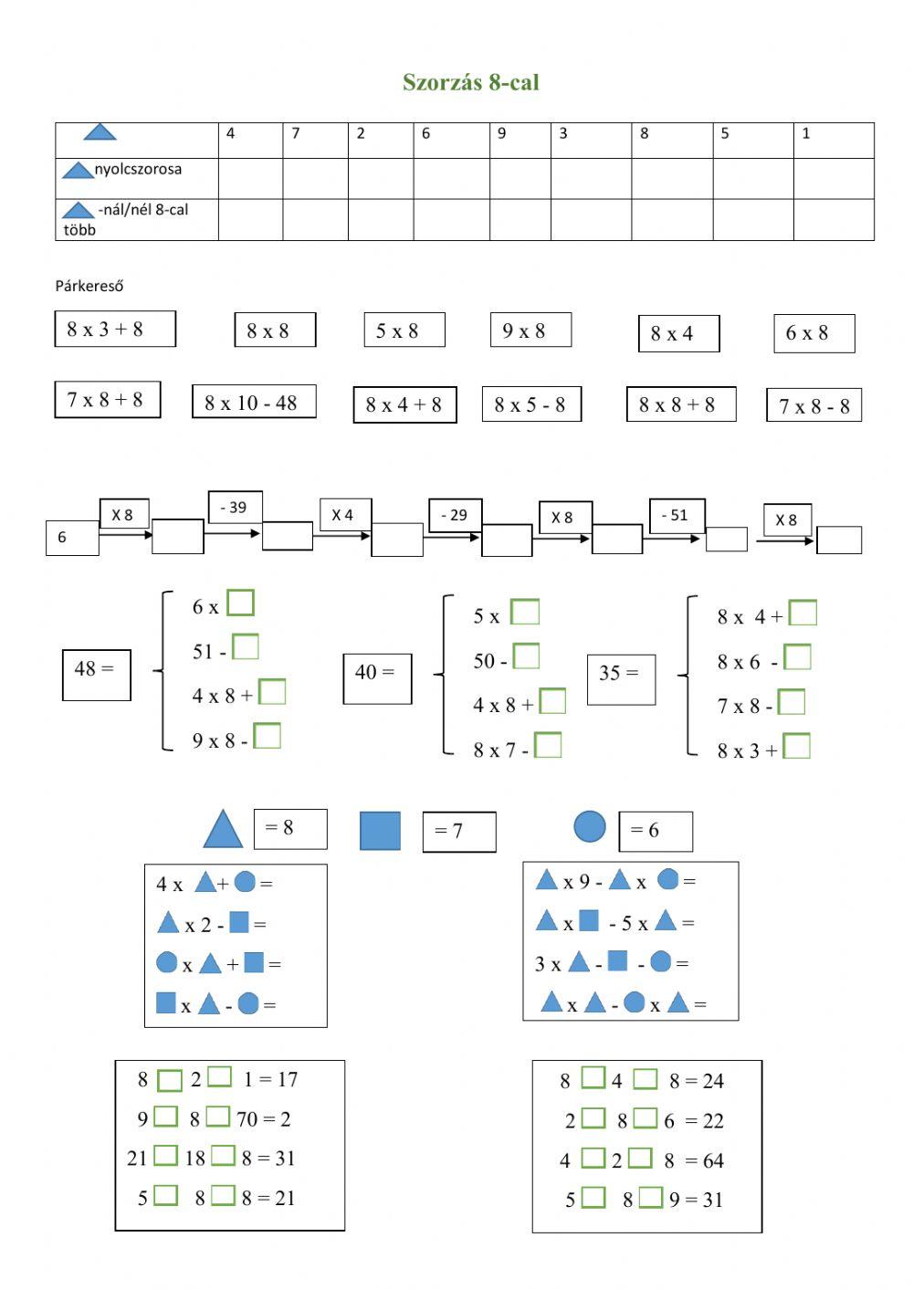 Szorzás 8-cal gyakorlatok