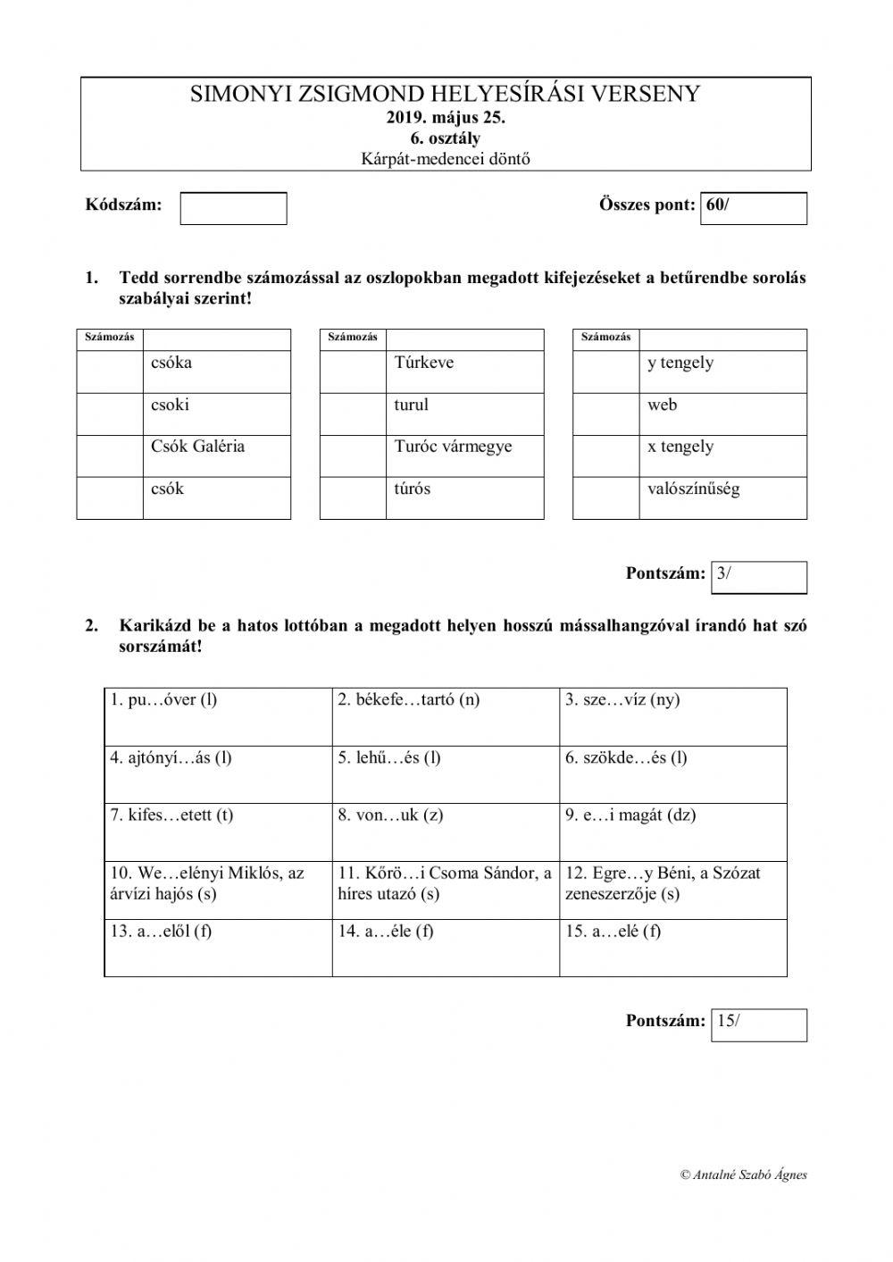 Simonyi Zsigmond helyesírási feladatlap VI. osztály