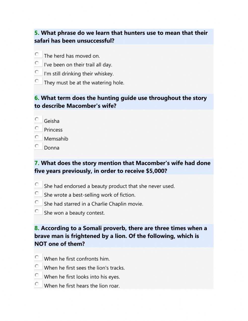 Francis Macomber General Quiz