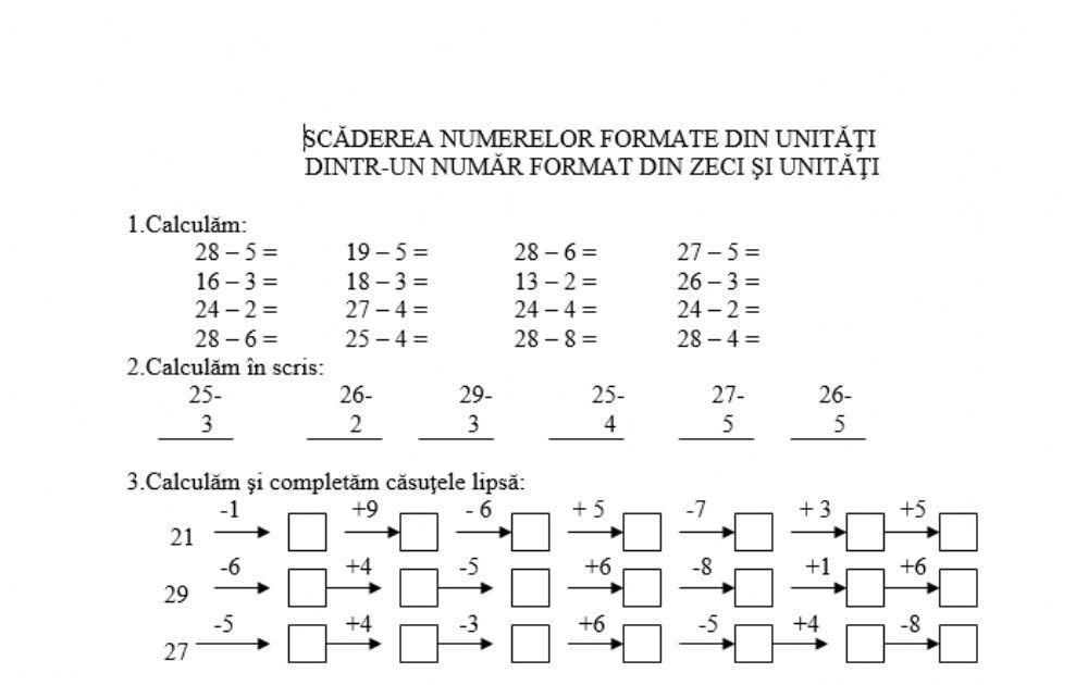 Scăderea numerelor formate din unităţi  dintr-un număr format din zeci şi unităţi