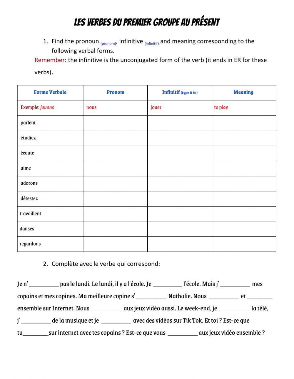 Les verbes du premier groupe au présent