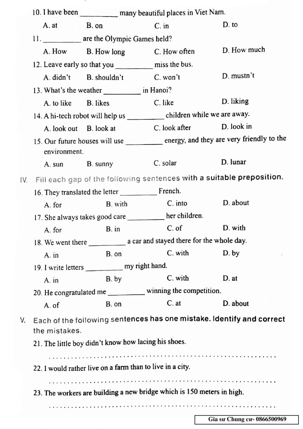 Bộ đề thi TA vào 6 - Đề số 10