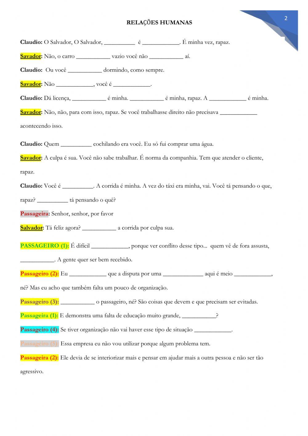 Pretérito Perfeito - Vocabulário - RELAÇÕES HUMANAS -  MOTORISTA DE TÁXI