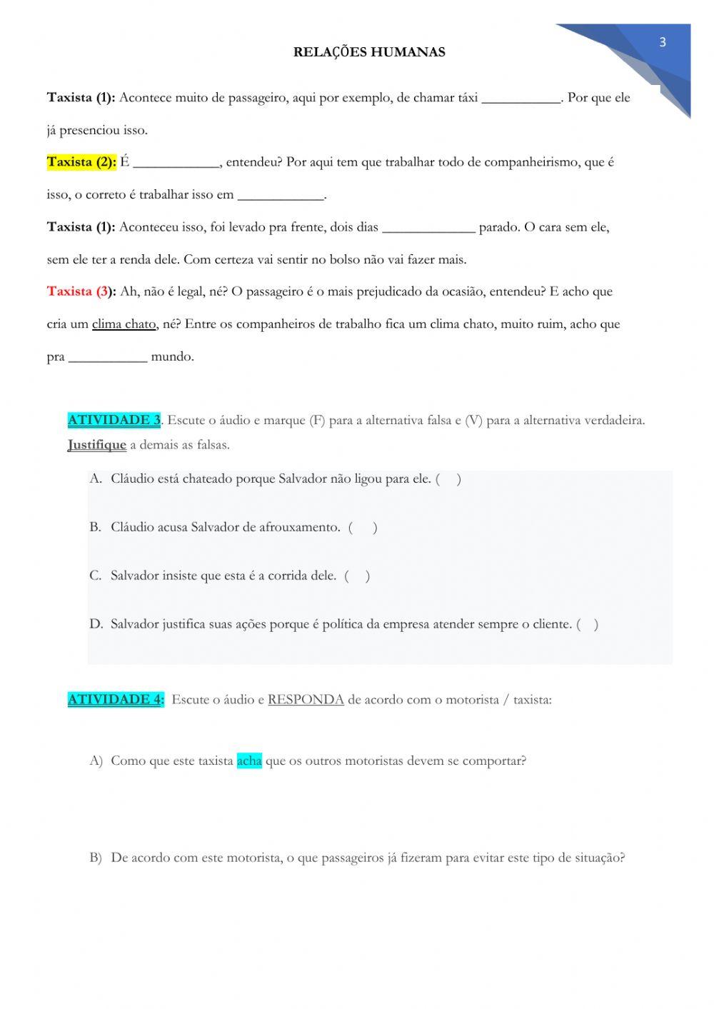 Pretérito Perfeito - Vocabulário - RELAÇÕES HUMANAS -  MOTORISTA DE TÁXI