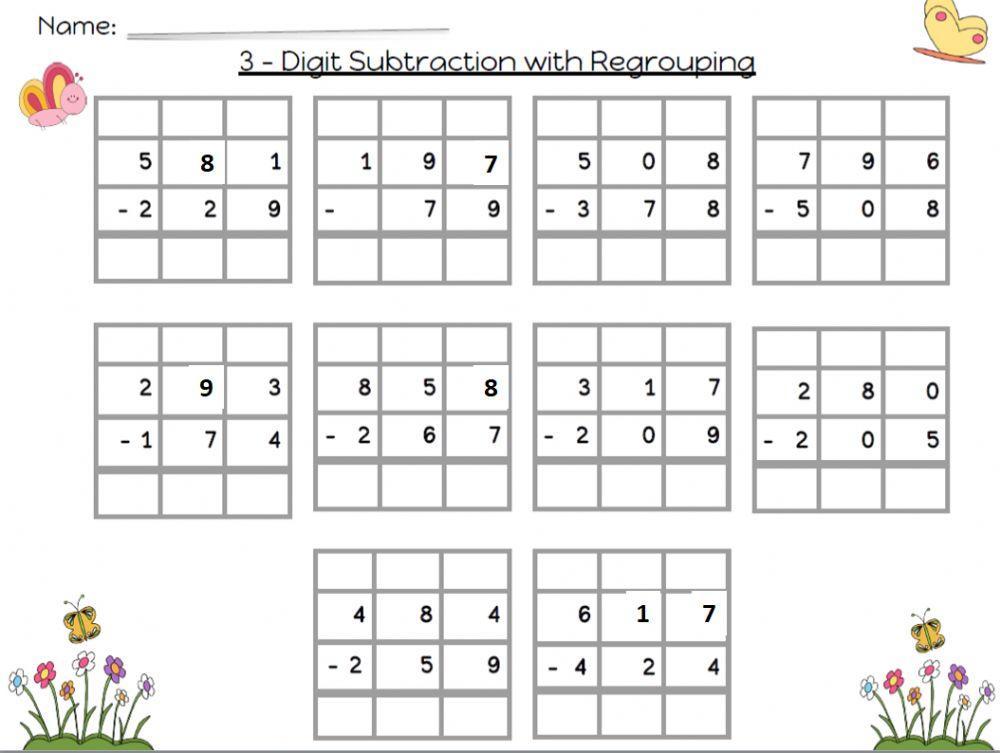 3-Digit Subtraction 100to10 or 10to1 regrouping