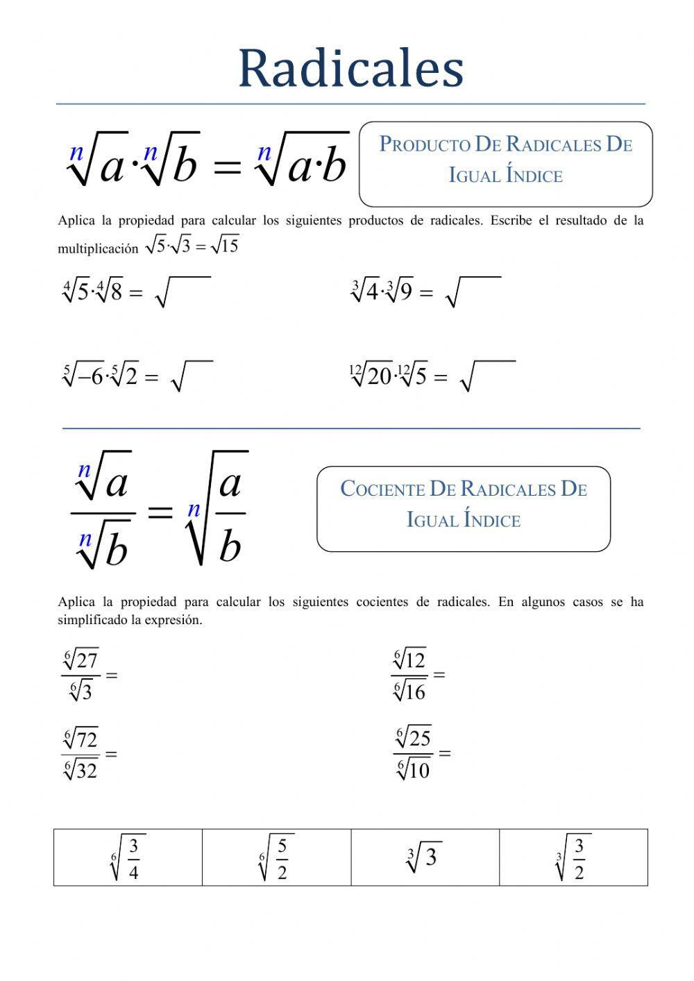 Producto y División de Radicales de igual índice