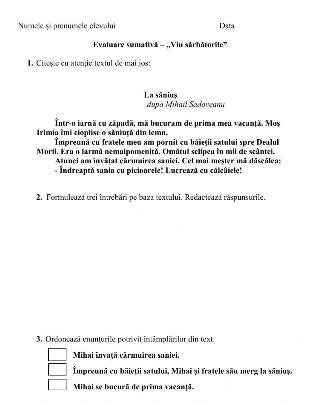 Evaluare sumativă - „Vin sărbătorile”
