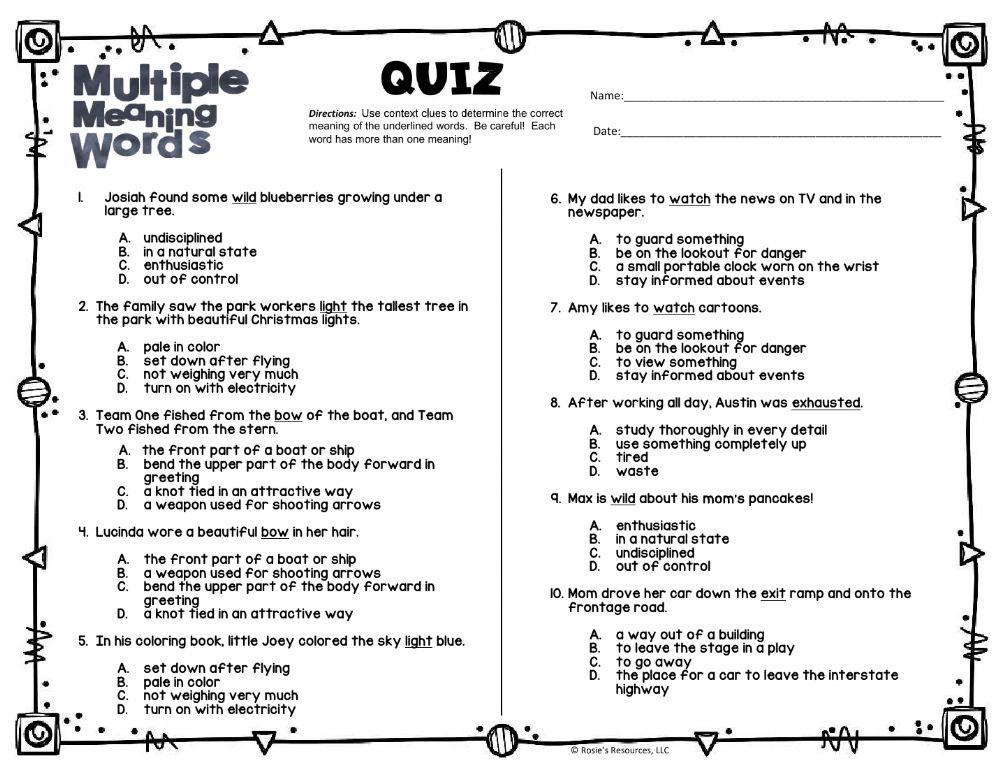 Multiple meaning words quiz online exercise for live worksheets