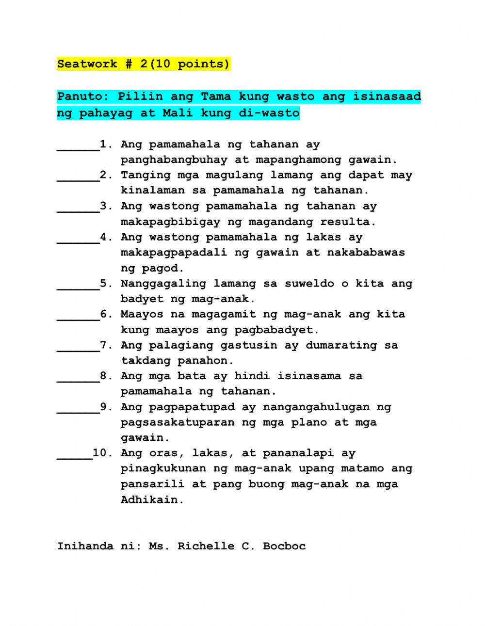 Seatwork - 2 sa EPP