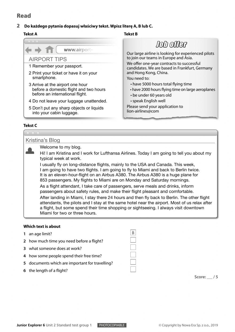 Junior explorer 6 Unit 2 Test