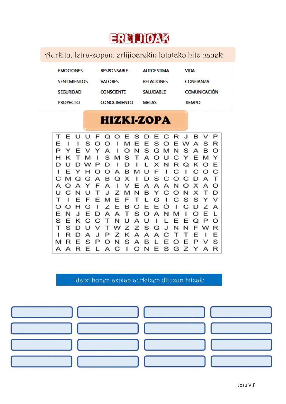 Erlijioa. Lotutako hitzak.(Gaztelaniaz).