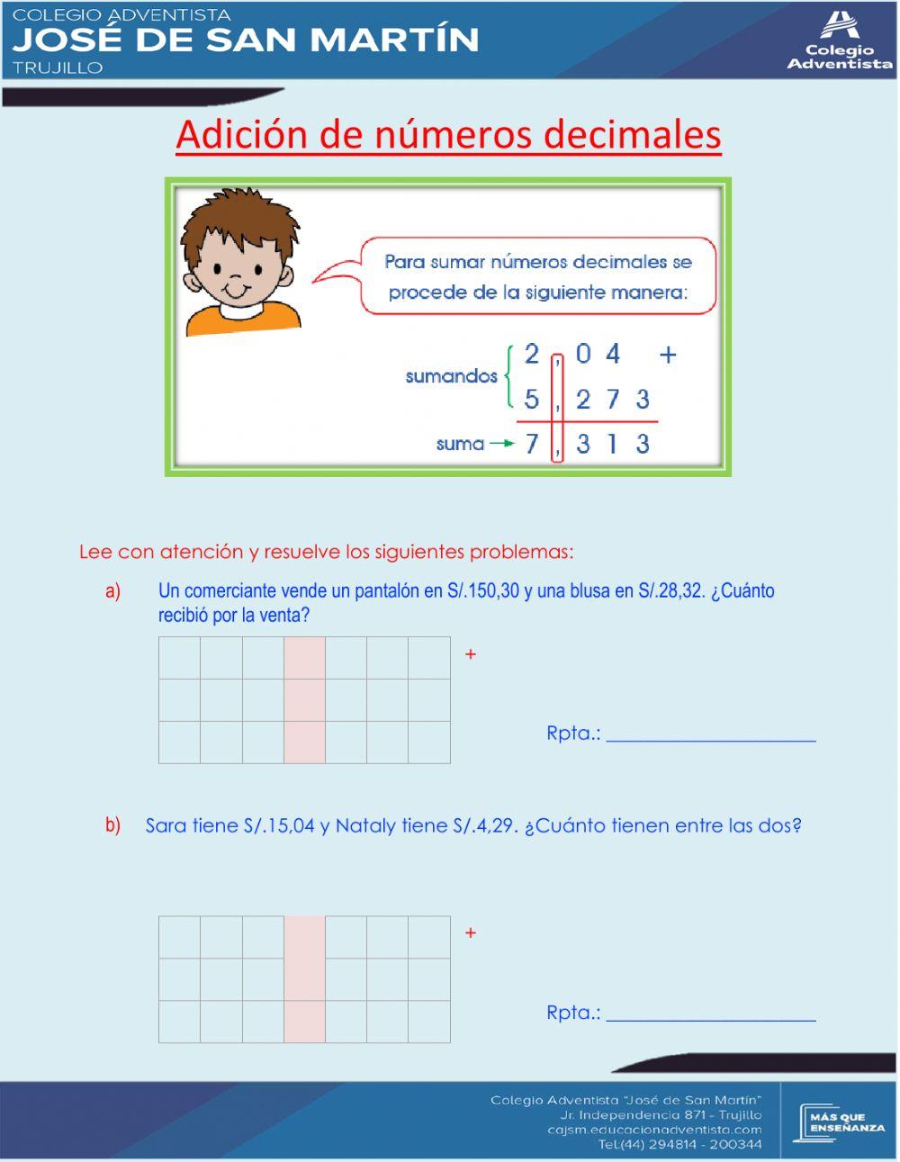 Adición de números decimales