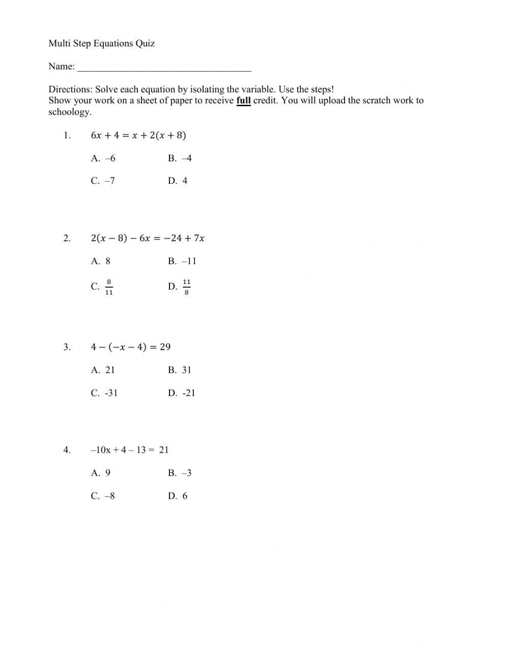 Multistep Linear Equations--Solving for Linear Equations Variable both ...
