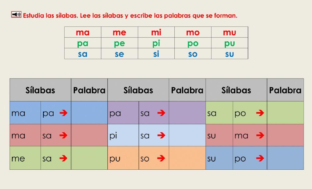 De sílabas M,P,S a palabras: lee y escribe
