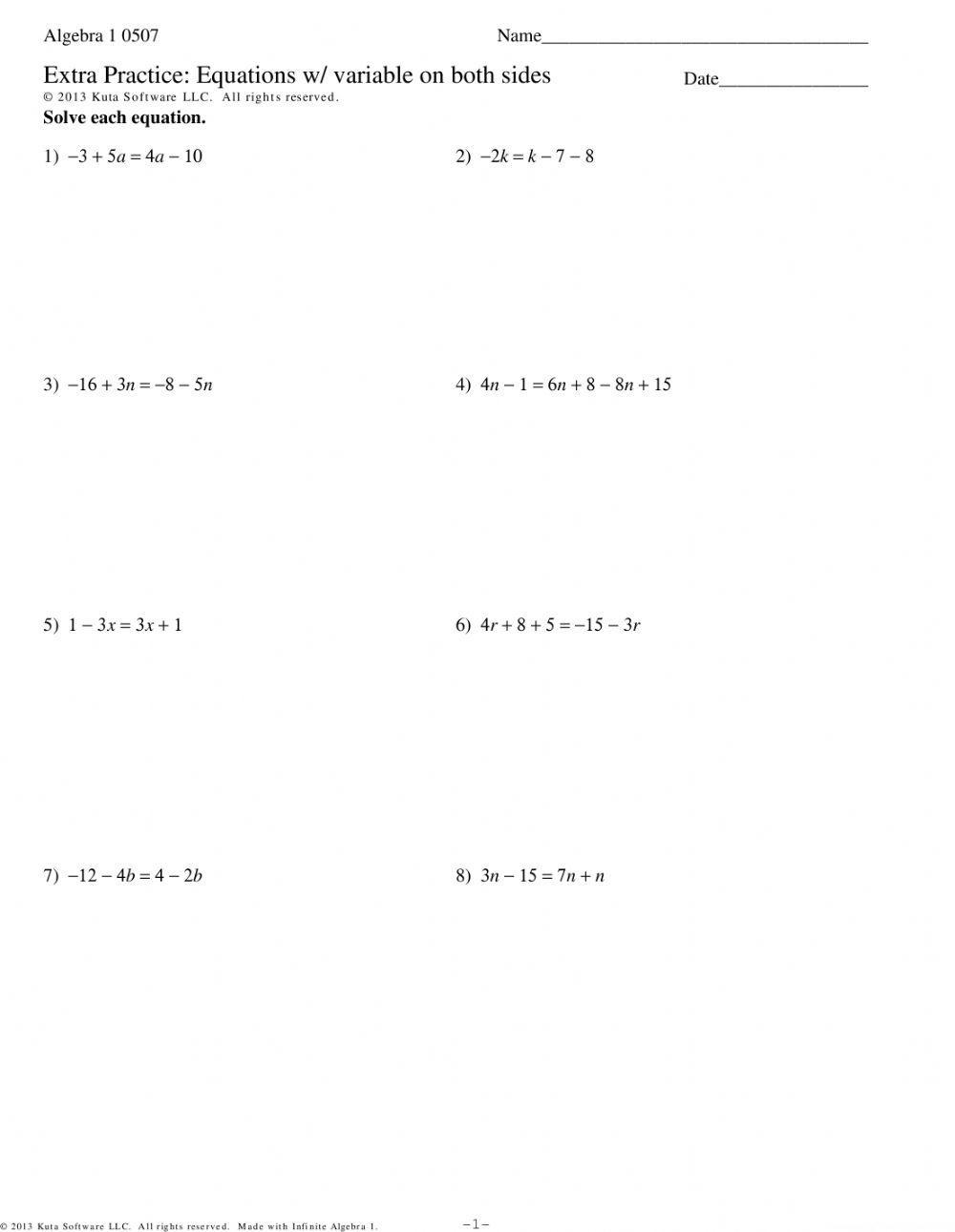 Variable on Both Sides - Equations worksheet | Live Worksheets Variable on Both Sides - Equations worksheet | Live Worksheets