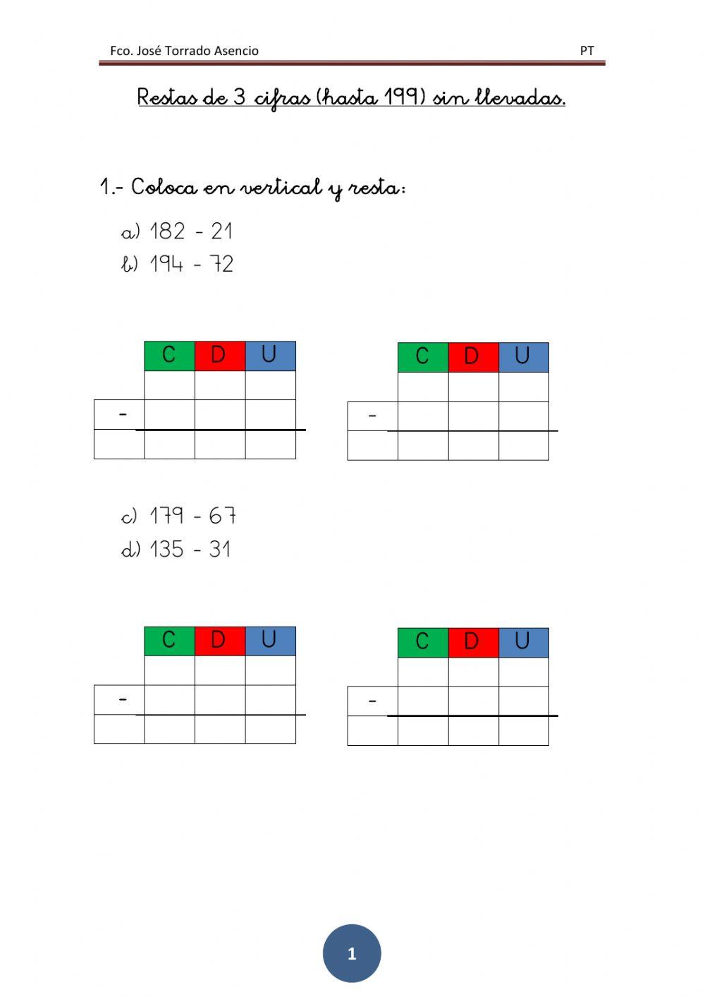 Restas de 3 cifras sin llevadas hasta 199