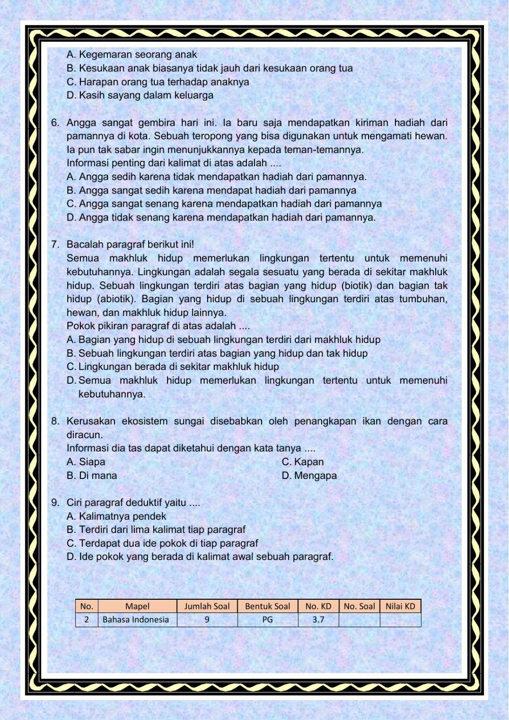 PAS I Tema 5 Bahasa Indonesia Kelas 5 Tahun Pelajaran 2020-2021