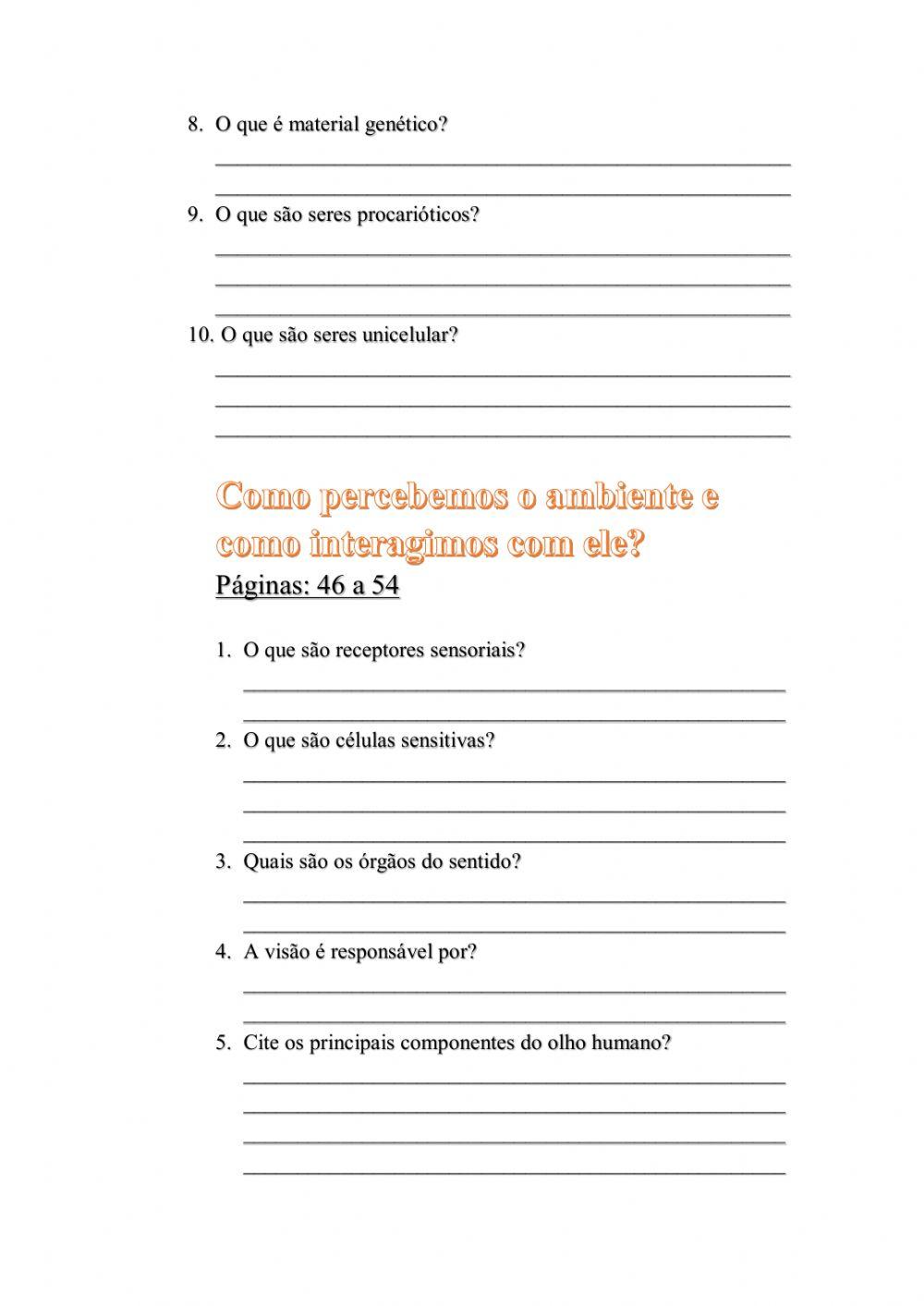 Ciências: atividade para os alunos em pendências