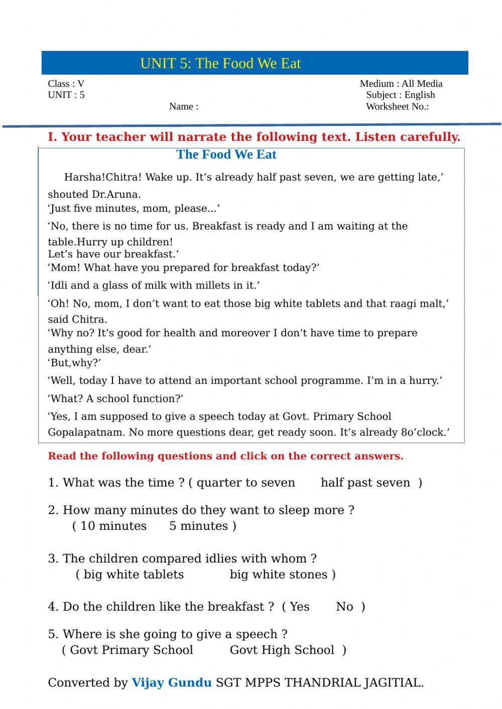 5th eng the food we eat P reading 2by Vijay Gundu 5th eng the food we eat P reading 2by Vijay Gundu