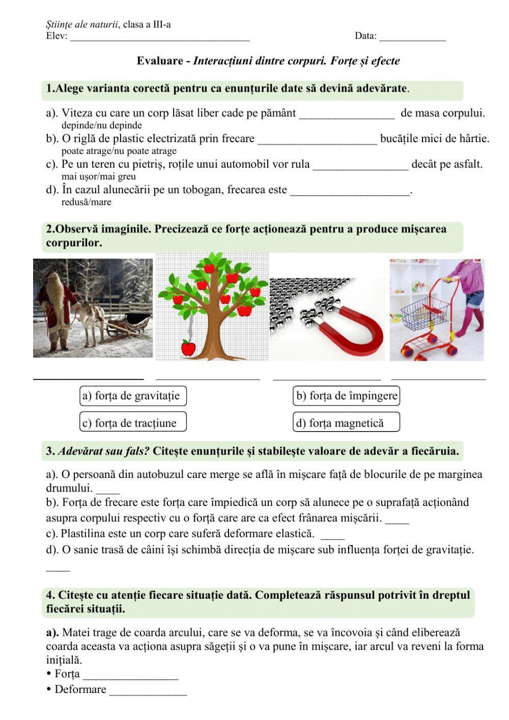 Evaluare - Interacțiuni dintre corpuri. Forțe și efecte