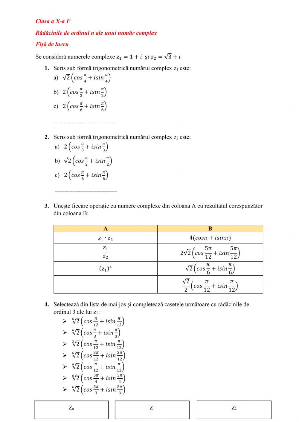 Operatii cu numere complexe sub forma trigonometrica