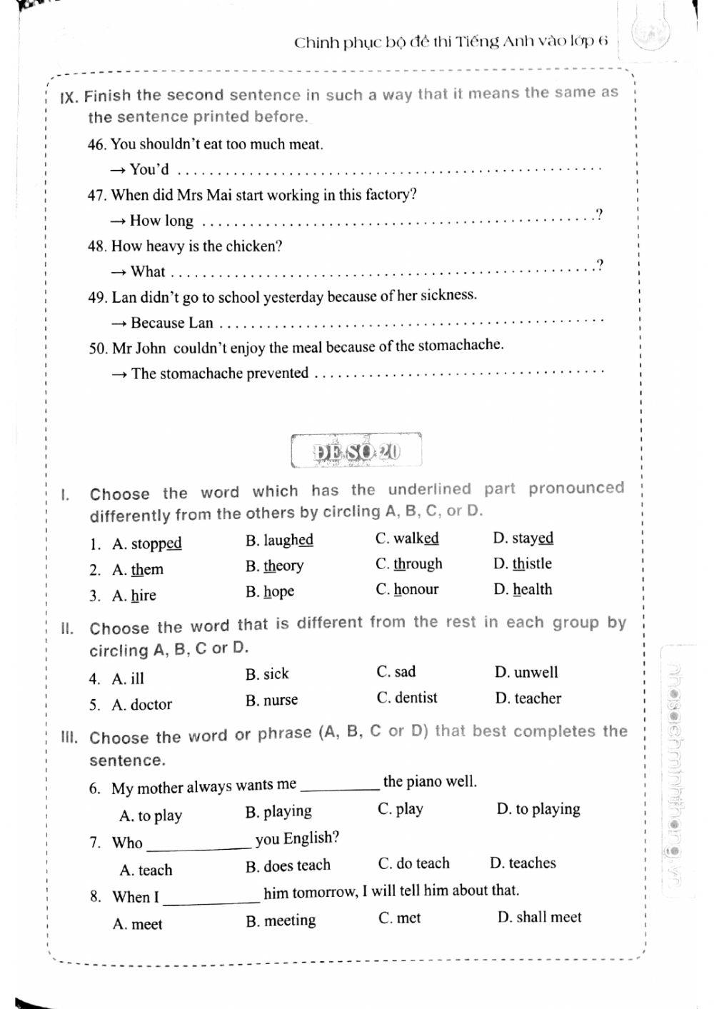 English 6 - Đề số 19